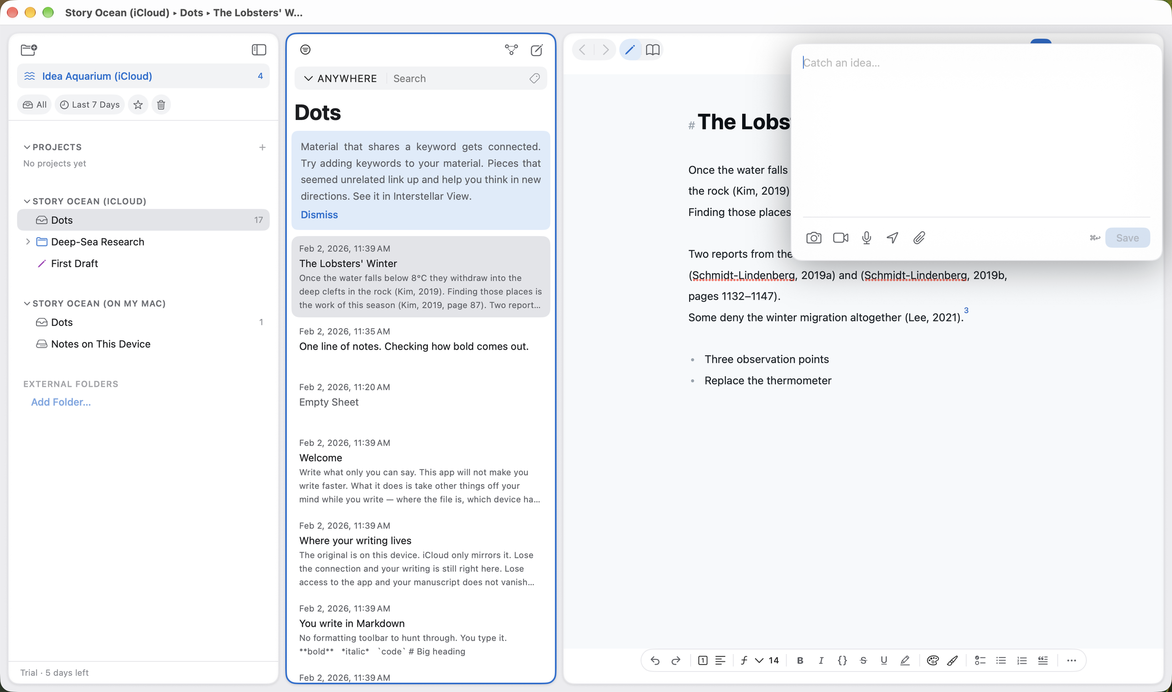 Catch Ideas sheet for quickly saving words, photos, and recordings