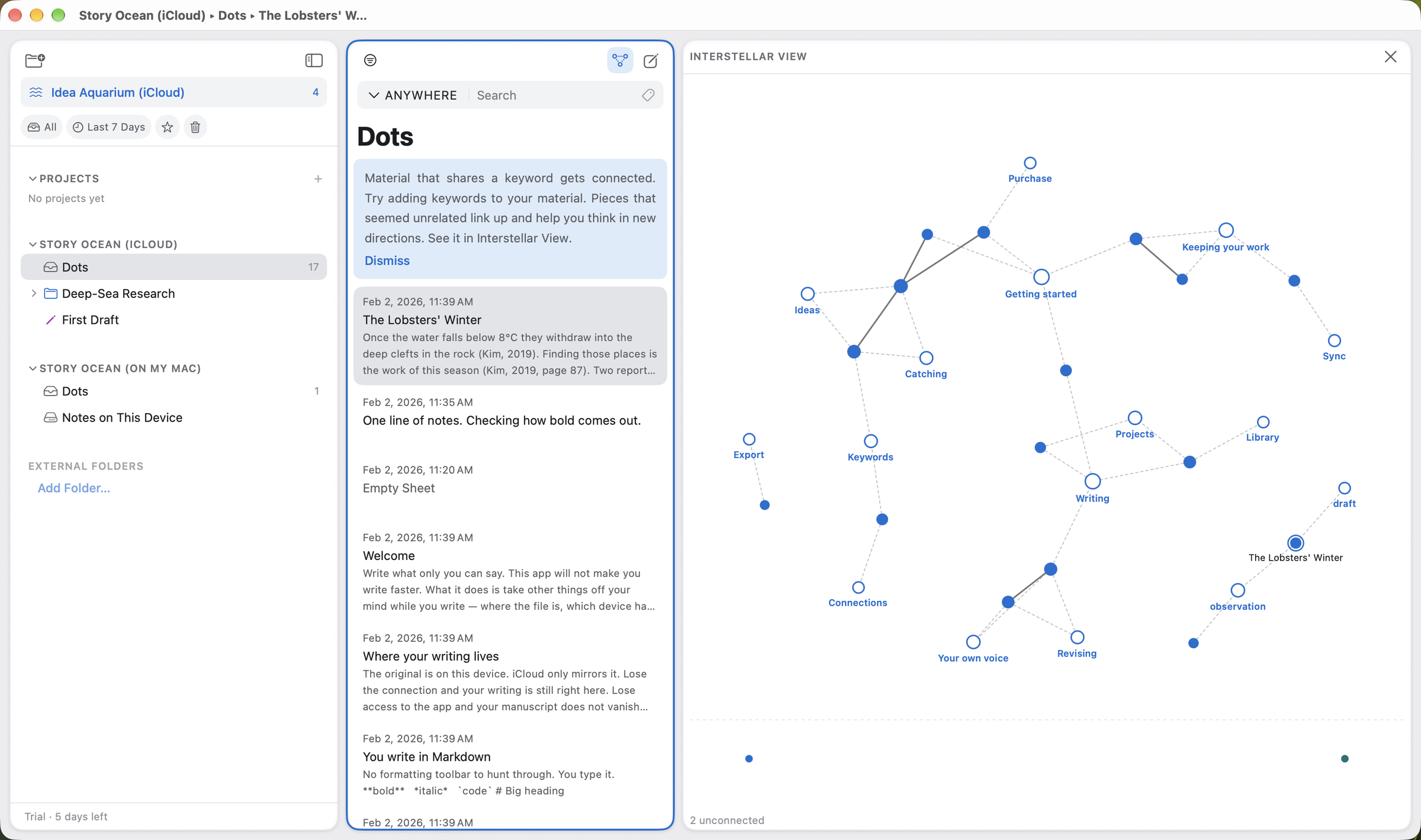 Interstellar View showing keyword and link connections between writing