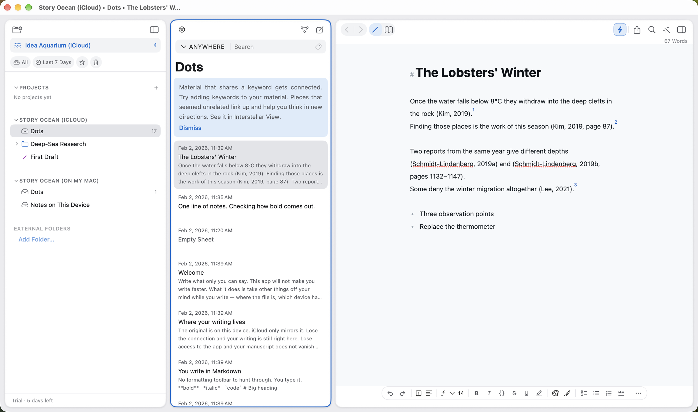 Lobster main window with its library, sheet list, and Markdown editor