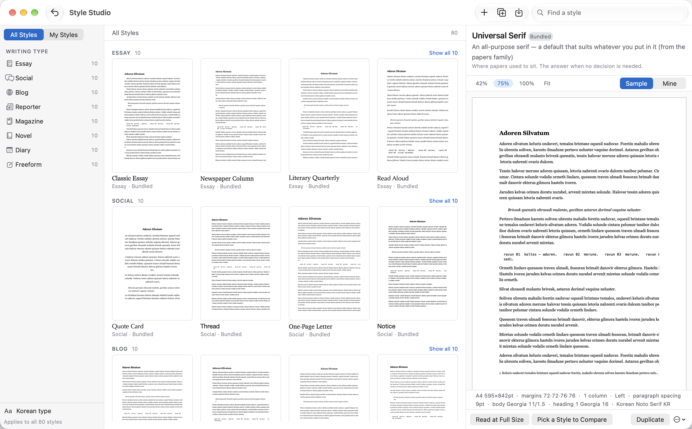 Style Studio comparing 80 page styles at readable size