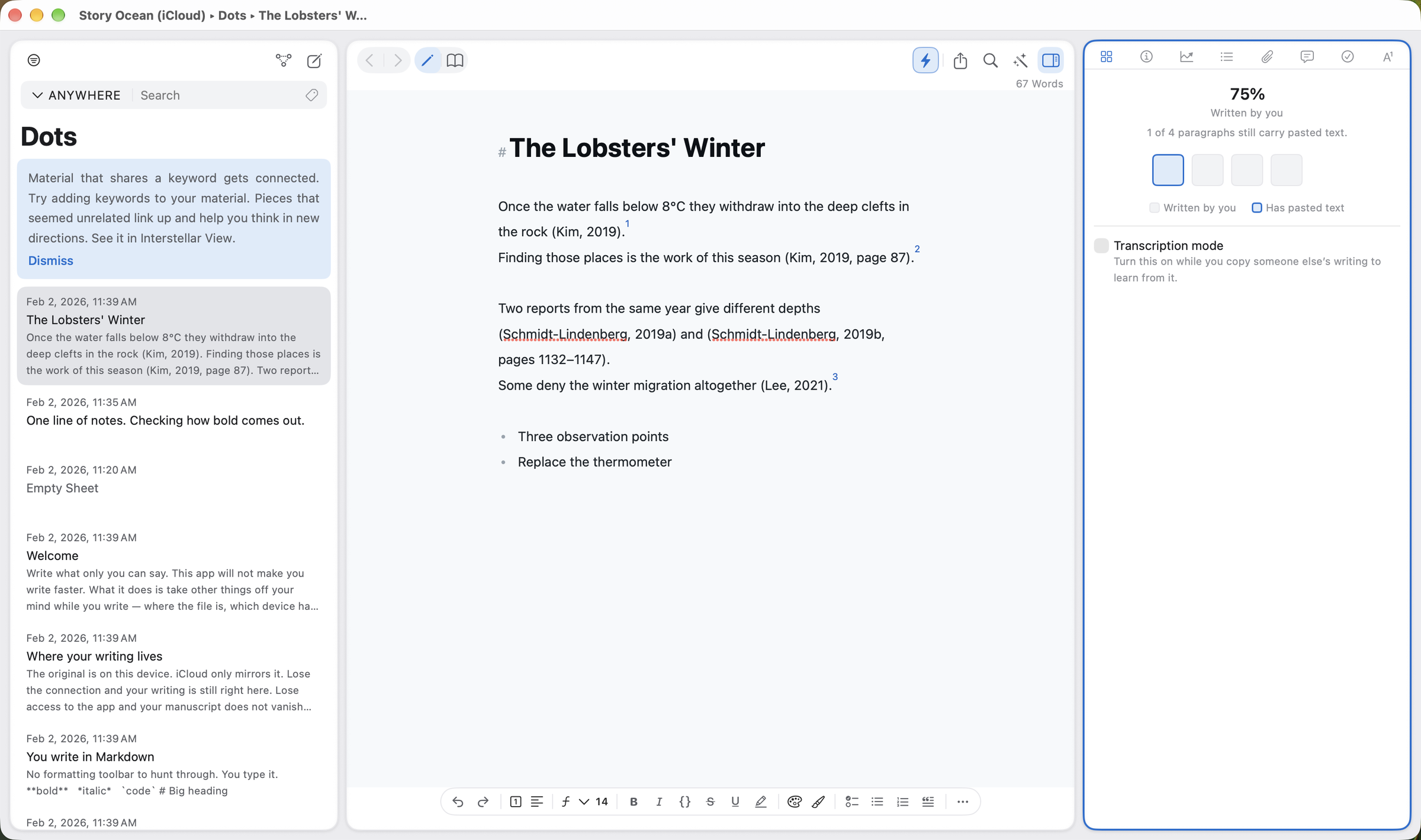 Voiceprint showing the balance of written and pasted paragraphs
